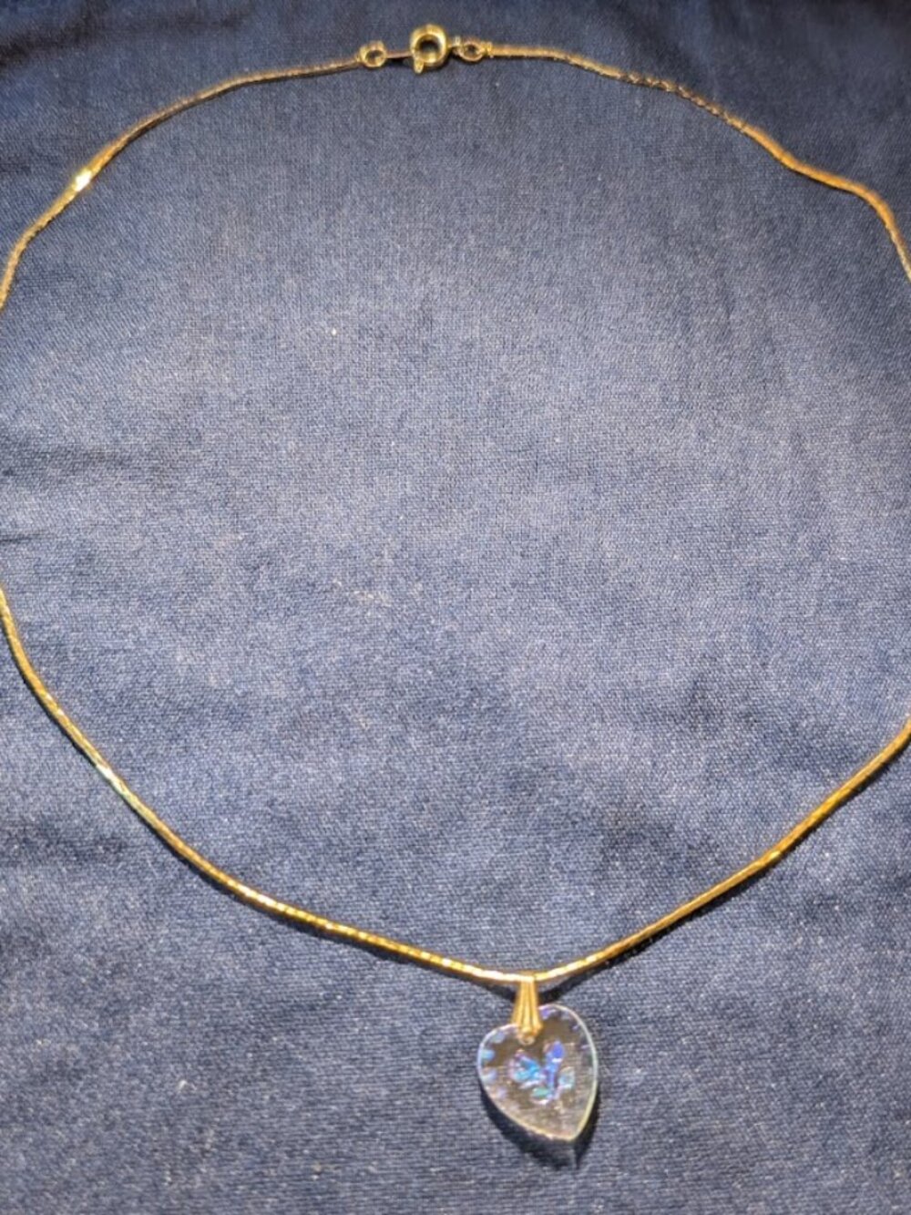Vintage Gold Tone Intaglio Carved Crystal Heart Pendant Necklace | Iridescent Ro